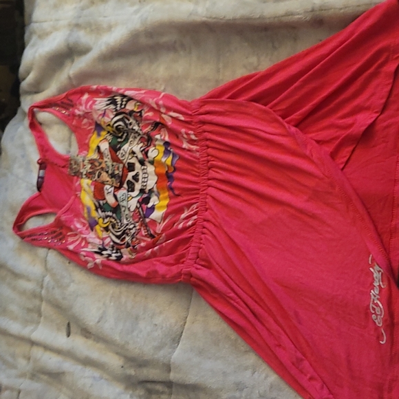 red ed hardy dress Ed Hardy Red Bodycon Dress Graphic Print V-Neck Short Sleeve Size M